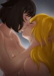  2girls animal_ears black_hair blake_belladonna blonde_hair blush cat_ears closed_eyes collarbone hand_in_another&#039;s_hair highres kiss long_hair medium_hair multiple_girls nipple_slip nipples okonomiyaky_art rwby topless yang_xiao_long yuri 