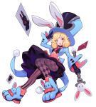  1girl absurdres animal_ears animal_shoes artist_request blonde_hair card finii_(omega_strikers) full_body gradient_legwear hat highres holding holding_wand jacket leggings magician non-web_source official_art omega_strikers open_mouth patterned_clothing playing_card pom_pom_(cheerleading) rabbit_ears rabbit_ornament red_eyes salute solo striped_leggings teeth top_hat upper_teeth_only wand 