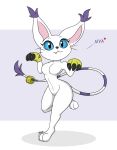  abstract_background anthro bandai_namco breasts clothing creature71 digimon digimon_(species) felid feline female gatomon gloves handwear hi_res mammal on_one_leg raised_leg solo standing thick_thighs 