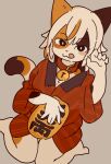  2021 :3 anthro asian_clothing bell bell_collar calico_cat clothed clothing collar domestic_cat east_asian_clothing felid feline felis female fur grey_background hair holding_coin holding_object japanese_clothing kemono kneeling koban_(coin) looking_at_viewer mammal maneki-neko mischievous_smile multicolored_body multicolored_fur paw_pose pose simple_background solo tongue tongue_out white_body white_fur white_hair yagi_the_goat yukata 
