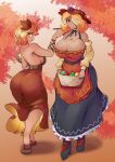  2girls aki_minoriko aki_shizuha apron arm_wrap armpits ass autumn autumn_leaves backless_dress backless_outfit bare_shoulders basket black_skirt blonde_hair blush boots breasts cleavage commentary detached_sleeves dress food freckles frilled_apron frilled_dress frills from_behind fruit fruit_basket fruit_hat_ornament grape_hat_ornament grapes greenm hair_ornament hair_over_one_eye hat highres holding holding_basket holding_paintbrush holding_palette huge_ass huge_breasts leaf leaf_hair_ornament leaf_on_head long_sleeves looking_back mob_cap multiple_girls open_mouth orange_apron orange_dress orange_eyes paintbrush palette_(object) red_eyes sandals short_hair siblings sideboob sisters skirt smile tan touhou 