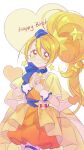  blonde_hair blue_headwear blue_scarf commentary cure_etoile dress earrings garrison_cap hair_between_eyes hair_ornament happy_birthday hat heart_pouch highres hugtto!_precure jewelry long_hair magical_girl mini_hat orange_dress precure qianxia_yell scarf side_ponytail star_(symbol) star_earrings star_hair_ornament swept_bangs symbol-only_commentary very_long_hair wrist_cuffs yellow_eyes 