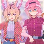  2girls ahoge animal_ears blonde_hair blush dress fox_ears fox_girl hair_ornament hair_wings head_wings highres hololive long_hair moral_cacoethes multicolored_hair multiple_girls omaru_polka pink_hair purple_eyes smile streaked_hair takane_lui turtleneck virtual_youtuber wings yuri 