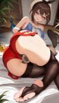  &gt;_&lt; 1girl ass atelier_(series) atelier_ryza atelier_ryza_1 bare_arms bare_shoulders between_legs black_thighhighs blush bottle brown_eyes brown_hair cat feet gloves hair_ornament hairclip hat highres jewelry looking_at_viewer lying necklace nekoda_(maoda) on_side parted_lips red_shorts reisalin_stout shorts smile soles solo star_(symbol) star_necklace thick_thighs thighhighs thighs toes white_headwear 