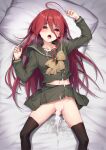  1girl after_sex ahoge bed_sheet black_thighhighs blush bow cum cum_in_pussy cum_on_clothes henria highres long_hair lying misaki_high_school_uniform no_panties on_back open_mouth pillow red_eyes red_hair school_uniform shakugan_no_shana shana solo thighhighs 
