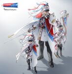  absurdres beard black_footwear black_pants blue_eyes bow_(weapon) bright_pupils cape child coat colgate facial_hair gloves gradient_background grey_background height_difference heterochromia highres holding holding_banner holding_bow_(weapon) holding_sword holding_weapon long_hair military_uniform mustache original pants personification quiver red_eyes rinotuna scarf shadow shoes short_hair striped striped_scarf sword uniform weapon white_cape white_coat white_gloves white_hair white_headwear white_pupils 