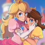  2girls blonde_hair blue_brooch blue_eyes breasts brown_hair crown dress earrings elbow_gloves flower_brooch flower_earrings gloves highres janinartist jewelry long_hair mario_(series) medium_breasts medium_hair multiple_girls parted_bangs pink_dress pink_lips princess_daisy princess_peach puffy_short_sleeves puffy_sleeves short_sleeves sphere_earrings white_gloves yellow_dress yuri 