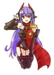  1girl :d arm_up black_gloves black_leotard black_thighhighs breasts brown_eyes commentary_request covered_navel cropped_legs elbow_gloves gloves hair_between_eyes hand_on_own_thigh headgear large_breasts leaning_forward leotard looking_at_viewer mo_equal_pu poppi_(xenoblade) poppi_qtpi_(xenoblade) purple_hair robot_ears simple_background smile solo thigh_gap thighhighs white_background xenoblade_chronicles_(series) xenoblade_chronicles_2 