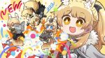  1boy 3girls :d absurdres animal_ear_fluff animal_ears arknights armored_boots black_bow black_dress black_footwear black_headwear blemishine_(arknights) blonde_hair blue_eyes boots bow box brown_eyes chibi closed_mouth commentary confetti dog-san dress english_commentary fang garrison_cap gauntlets grey_thighhighs hair_between_eyes hair_bow hat highres holding holding_box horse_boy horse_ears horse_girl horse_tail long_hair mini_person miniboy minigirl mlynar_(arknights) multiple_girls nearl_(arknights) newspaper ponytail shoes short_eyebrows siblings smile streamers tail thick_eyebrows thighhighs whislash_(arknights) 