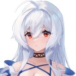  1girl ahoge arknights bare_shoulders black_choker breasts choker cleavage commentary_request keruitemonu long_hair looking_at_viewer no_headwear official_alternate_costume portrait red_eyes simple_background skadi_(arknights) skadi_(waverider)_(arknights) solo white_background white_hair 