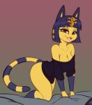  1girl :3 animal_crossing animal_ears ankha_(animal_crossing) bare_shoulders black_shirt blue_hair blunt_bangs bob_cut bottomless bracelet breasts brown_eyes cat cat_ears cat_tail cleavage collarbone colored_skin furry furry_female hair_ornament half-closed_eyes highres jewelry large_breasts open_mouth scorpdk shirt smile smug straight_hair striped striped_tail tail thick_thighs thighs yellow_skin 
