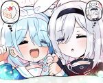  2girls absurdres arona_(blue_archive) black_choker black_hairband blue_archive blue_eyes blue_hair blush braid cake choker close-up closed_eyes colored_inner_hair commentary_request dreaming food grey_hair hair_over_one_eye hair_ribbon hairband hand_up headpat highres long_hair long_sleeves multicolored_hair multiple_girls open_mouth pink_hair plana_(blue_archive) ribbon saliva saliva_trail school_uniform serafuku side_braid sleeping smile thomason366 white_ribbon 