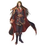  1boy arion_(fire_emblem) armor black_cape black_coat black_footwear black_pants cape coat fire_emblem fire_emblem:_genealogy_of_the_holy_war fire_emblem_heroes full_body green_hair long_hair looking_at_viewer official_art pants pauldrons red_cape shoulder_armor two-tone_cape 
