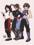  3girls black_hair brown_hair chinese_clothes dougi genderswap genderswap_(mtf) highres johnny_cage kamii_momoru kung_lao liu_kang martial_arts_belt mortal_kombat_(series) mortal_kombat_1_(2023) multiple_girls muscular muscular_female ponytail sunglasses wristband 