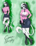  absurd_res anniversary anthro birthday black_body black_fur black_hair blouse bottomwear bovid bovine breasts cattle caulette_flower clothing communaughty female fur hair hi_res hooves horn mammal necktie redraw skirt solo tail topwear white_body white_fur white_hair 