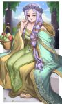  1girl :d apple bare_shoulders basket burnt_green_tea cape collarbone commentary dress fire_emblem fire_emblem:_the_binding_blade food fruit green_cape green_dress green_eyes head_wreath highres idunn_(fire_emblem) long_hair looking_at_viewer open_mouth orange_ribbon pointy_ears purple_hair red_eyes ribbon sitting smile solo very_long_hair 