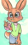  anthro artist_name beverage blue_eyes bottomwear brown_body brown_fur clothing container cup digital_drawing_(artwork) digital_media_(artwork) drinking_straw drinking_straw_in_mouth fur girly lagomorph leporid male mammal mesmeromania rabbit shirt shorts solo standing topwear whiskers zayats 