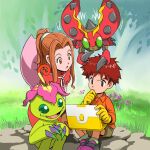  bug child computer digimon digimon_(creature) digimon_adventure dress gloves grass happy izumi_koushirou laptop on_floor orange_shirt palmon pink_headwear plant rayanawolfer red_dress red_hair shirt tentomon yellow_gloves 