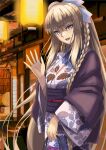  1girl black_kimono blue_bow blue_eyes bow braid fate/grand_order fate_(series) floral_print flower french_braid grey_hair grey_kimono hair_bow hair_flower hair_ornament highres japanese_clothes kimono ksfactory layered_clothes layered_kimono long_hair long_sleeves looking_at_viewer morgan_le_fay_(fate) obi open_mouth ponytail sash sidelocks smile solo very_long_hair wide_sleeves 
