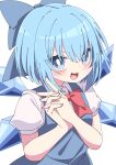  1girl absurdres blue_bow blue_dress blue_eyes blue_hair blush bow bowtie cirno collared_shirt dress fairy fang hair_between_eyes hair_bow highres ice ice_wings looking_at_viewer open_mouth own_hands_together pinafore_dress red_bow red_bowtie shirt short_hair short_sleeves simple_background skin_fang sleeveless sleeveless_dress smile solo touhou tsukimirin upper_body white_background white_shirt wings 