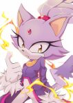  1girl absurdres blaze_the_cat blushbyte cat_girl cat_tail eyelashes fang fire forehead_jewel fur-trimmed_gloves fur_trim furry furry_female gloves gold_necklace highres jacket jewelry necklace pants ponytail purple_fur purple_jacket simple_background sonic_(series) sonic_rush tail white_pants yellow_eyes 