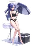  1girl absurdres bare_arms bare_legs bare_shoulders barefoot bikini black_bikini black_choker blue_archive blue_eyes blush breasts choker cleavage cup disposable_cup full_body halo highres holding holding_cup large_breasts long_hair mechanical_halo open_mouth parasol ponytail purple_hair sbgu simple_background solo swimsuit umbrella white_background yuuka_(blue_archive) 