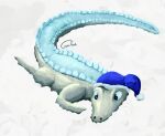  alligator alligatorid blue_body blue_eyes christmas christmas_clothing christmas_headwear clothing crocodilian feral grey_body gyrotech hat headgear headwear hi_res hiding holidays lying reptile santa_hat scalie snow solo 