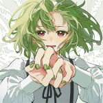  green_hair green_nails highres long_sleeves looking_at_viewer medium_hair nail_polish neck_ribbon open_mouth original red_eyes ribbon shirane_rine shirt white_shirt 