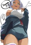  1girl breasts dark-skinned_female dark_skin english_text from_below green_eyes green_jacket green_shorts gundam gundam_suisei_no_majo highres jacket large_breasts off_shoulder secelia_dote shirt short_hair shorts showhey!! signature solo speech_bubble thighhighs twitter_username v white_hair white_shirt 