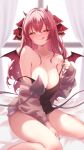 1girl black_shirt blush breasts cleavage closed_mouth convenient_arm demon_girl demon_horns demon_tail demon_wings grey_jacket hair_ribbon heterochromia highres hololive horns houshou_marine jacket large_breasts long_hair looking_at_viewer loungewear nail_polish open_mouth pink_nails red_eyes red_hair red_ribbon ribbon rtomch shirt tail tongue tongue_out virtual_youtuber wings yellow_eyes 