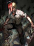  1boy black_necktie black_pants blonde_hair blood blood_on_arm blood_on_clothes blood_on_face broken_mask chainsaw chainsaw_man collared_shirt denji_(chainsaw_man) highres kota_2kx looking_at_viewer mask necktie open_mouth pants rebar rubble sharp_teeth shirt shirt_tucked_in short_hair sleeves_rolled_up smile smoke solo teeth white_shirt 