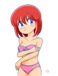  1girl bikini blue_eyes blush breasts cleavage commentary_request embarrassed hand_on_own_arm head_tilt kurimaru looking_to_the_side navel pastel_(twinbee) pink_bikini print_bikini red_hair short_hair signature simple_background solo strapless strapless_bikini swimsuit tube_top twinbee 