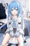  +_+ 1girl :d absurdres blue_bow blue_eyes blue_hair bow center_frills chair commentary_request crying_aqua_(meme) dduck_kong frills grey_skirt hair_between_eyes hair_intakes highres indoors jacket long_hair long_sleeves looking_at_viewer meme monitor mouse_(computer) mousepad_(object) multicolored_hair office_chair on_chair original pleated_skirt puffy_long_sleeves puffy_sleeves shirt sidelocks skirt sleeves_past_wrists smile solo streaked_hair swivel_chair twintails white_jacket white_shirt 