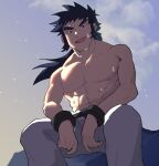  1boy :d abs black_eyes black_hair bracelet bruno_(pokemon) cloud collarbone commentary_request floating_hair from_below grey_pants highres jewelry long_hair looking_down male_focus muscular muscular_male natonashi navel open_mouth outdoors pants pectorals pokemon pokemon_(game) pokemon_frlg sitting sky smile solo sweat topless_male 