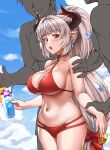  1girl 2boys aliza_(granblue_fantasy) aliza_(summer)_(granblue_fantasy) bikini blush breasts commentary_request cowboy_shot criss-cross_halter cup curvy draph earrings faceless faceless_male granblue_fantasy grey_hair groin hair_ornament hair_scrunchie halterneck height_difference high_ponytail highres holding holding_cup horns jewelry large_breasts long_hair looking_at_viewer low-tied_long_hair lowleg lowleg_bikini multi-strapped_bikini multi-strapped_bikini_bottom multiple_boys navel nervegear o-ring o-ring_bikini o-ring_top official_alternate_costume open_mouth pointy_ears red_bikini red_eyes red_scrunchie scrunchie shortstack sideboob sidelocks sideways_glance skindentation stomach sweat sweatdrop swimsuit textless_version tropical_drink very_long_hair very_sweaty youkan 