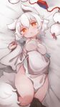  1girl absurdres animal_ears breasts bright_pupils chii_(tsumami_tsumamare) commentary hat highres inubashiri_momiji lying on_back on_bed pom_pom_(clothes) red_eyes red_headwear shirt short_hair solo symbol-only_commentary tail tokin_hat touhou white_hair white_pupils white_shirt wolf_ears wolf_girl wolf_tail 