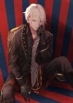  1boy alternate_costume black_jacket blue_eyes chest_jewel fate/apocrypha fate/grand_order fate_(series) gloves hair_between_eyes highres jacket jewelry karna_(fate) looking_at_viewer male_focus pale_skin plaid plaid_skirt ring short_hair sitting skirt solo white_hair yukiharaing 