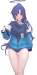 1girl absurdres asaikeu blue_archive blue_buruma blue_shirt blush breasts buruma feet_out_of_frame halo highres jacket jacket_partially_removed lanyard long_hair looking_at_viewer medium_breasts official_alternate_costume purple_eyes purple_hair shirt simple_background solo thigh_gap track_jacket very_long_hair white_background yuuka_(blue_archive) yuuka_(track)_(blue_archive) 