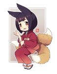  1girl :d animal_ears bob_cut brown_hair fox_ears fox_girl fox_shadow_puppet fox_tail full_body invisible_chair japanese_clothes kimono kukuri_(mawaru) long_sleeves looking_at_viewer mawaru_(mawaru) multiple_tails obi open_mouth original outline red_eyes red_kimono sash short_hair sitting smile socks solo tail white_background white_outline white_socks zouri 