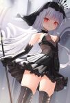  1girl azur_lane black_dress black_footwear black_gloves black_veil boots breasts bridal_veil cleavage closed_mouth cowboy_shot crown dress elbow_gloves fishnet_fabric frilled_dress frills gloves glowing glowing_eyes highres holding holding_scepter humo looking_at_viewer medium_breasts narrowed_eyes no_panties queen_elizabeth_(meta)_(azur_lane) scepter skindentation smile solo standing thigh_boots veil white_hair 
