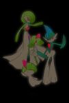  1boy 1other 2girls arm_at_side arm_blade arm_up black_background blue_hair blunt_bangs bob_cut bowl_cut closed_mouth colored_skin commentary_request covered_eyes evolutionary_line flat_chest full_body gallade gardevoir green_hair green_skin hair_between_eyes hair_over_eyes hair_over_one_eye hand_on_own_hip happy highres kirlia looking_at_viewer medium_hair mohawk multicolored_hair multicolored_skin multiple_girls one_eye_covered open_mouth outstretched_arm pokemon pokemon_(creature) ralts reaching red_eyes shieriru short_hair sidelocks simple_background smile standing two-tone_hair two-tone_skin weapon white_skin 