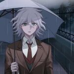  1boy bangs boleum_(dgrpluna) brown_eyes brown_jacket collared_shirt danganronpa_(series) danganronpa_3_(anime) fence green_vest grey_hair holding holding_umbrella hope&#039;s_peak_academy_school_uniform jacket komaeda_nagito male_focus medium_hair necktie outdoors rain red_necktie red_vest school_uniform shirt solo stone_wall umbrella vest wall watermark white_shirt 