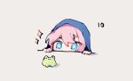  1girl arknights blue_eyes blue_poison_(arknights) chibi commentary dailybloopy frog hair_between_eyes hood hood_up peeking pink_hair simple_background solo sparkle white_background 