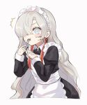  1girl ^^^ alternate_costume apron black_dress blue_eyes blush_stickers collared_dress dress eating enmaided food fork frilled_apron frills grey_background grey_hair hair_over_one_eye highres holding holding_fork isekai_joucho juliet_sleeves kamitsubaki_studio long_hair long_sleeves looking_at_viewer maid maid_apron maid_headdress noodles puffy_sleeves rice_(okome_no_naru_ki) simple_background solo sweat very_long_hair virtual_youtuber white_apron 