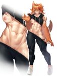  abs animal_ears black_hoodie blue_eyes buffpup_(vtuber) claws clothes_lift earrings fangs highres hood hoodie jewelry looking_at_viewer mon_eree muscular muscular_female orange_hair pants red_hair shirt_lift sleeveless sleeveless_hoodie sweat tail toned tongue tongue_out track_pants virtual_youtuber white_background wolf_ears wolf_tail 