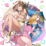  2girls absurdres bare_shoulders blonde_hair blue_headwear blush blush_stickers breasts brown_hair choker dark-skinned_female dark_magician_girl dark_skin dress duel_monster egyptian green_eyes hair_between_eyes hat highres jewelry large_breasts long_hair looking_at_viewer mana_(yu-gi-oh!) multiple_girls open_mouth shiroyu smile staff wand wizard_hat yu-gi-oh! yu-gi-oh!_duel_monsters 