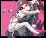  2girls :d black_border black_hair black_headwear black_pantyhose blush border breasts brown_eyes brown_hair closed_mouth danganronpa_(series) danganronpa_v3:_killing_harmony eye_contact from_side genderswap genderswap_(mtf) grey_background grey_jacket grey_skirt grey_thighhighs hat highres holding holding_clothes holding_hat hug jacket looking_at_another lull_brook_(brookuu) miniskirt multiple_girls oma_kokichi on_lap pantyhose pink_background pleated_skirt profile purple_footwear purple_hair saihara_shuichi simple_background sitting skirt small_breasts smile striped striped_jacket striped_skirt teeth thighhighs unworn_hat unworn_headwear upper_teeth_only wavy_mouth yuri 