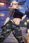  absurdres bartondh black_gloves black_shirt blonde_hair blue_eyes camouflage camouflage_pants crop_top cropped_legs cropped_shirt gloves headband highres lips midriff mortal_kombat mortal_kombat:_shaolin_monks navel navel_piercing pants parted_lips piercing ponytail shirt sonya_blade 