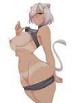 1girl absurdres animal_ears ass blush breasts clothes_lift clothes_pull ear_piercing grey_eyes grey_hair highres hololive large_breasts lifted_by_self lion_ears lion_girl lion_tail long_hair looking_at_viewer myth1carts nipples piercing pulled_by_self pussy shirt_lift shishiro_botan shorts shorts_pull smile solo tail tan tanlines uncensored virtual_youtuber 