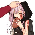  1boy 1girl backpack bag bandaged_arm bandaged_hand bandages black_bag black_hood bread burn_scar closed_eyes closed_mouth commander_(girls&#039;_frontline) commentary english_commentary food gio_paint girls&#039;_frontline griffin_&amp;_kryuger_military_uniform hair_between_eyes headpat highres holding holding_food light_smile long_hair pink_hair poverty refugee_(girls&#039;_frontline) scar shirt simple_background sleeveless sleeveless_shirt solo_focus torn_clothes upper_body white_background 